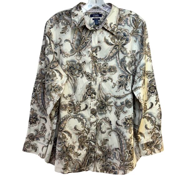 Chaps Women's Plus 1X Button Front Shirt No-Iron Floral Cotton Cream Black Pink - Picture 1 of 4